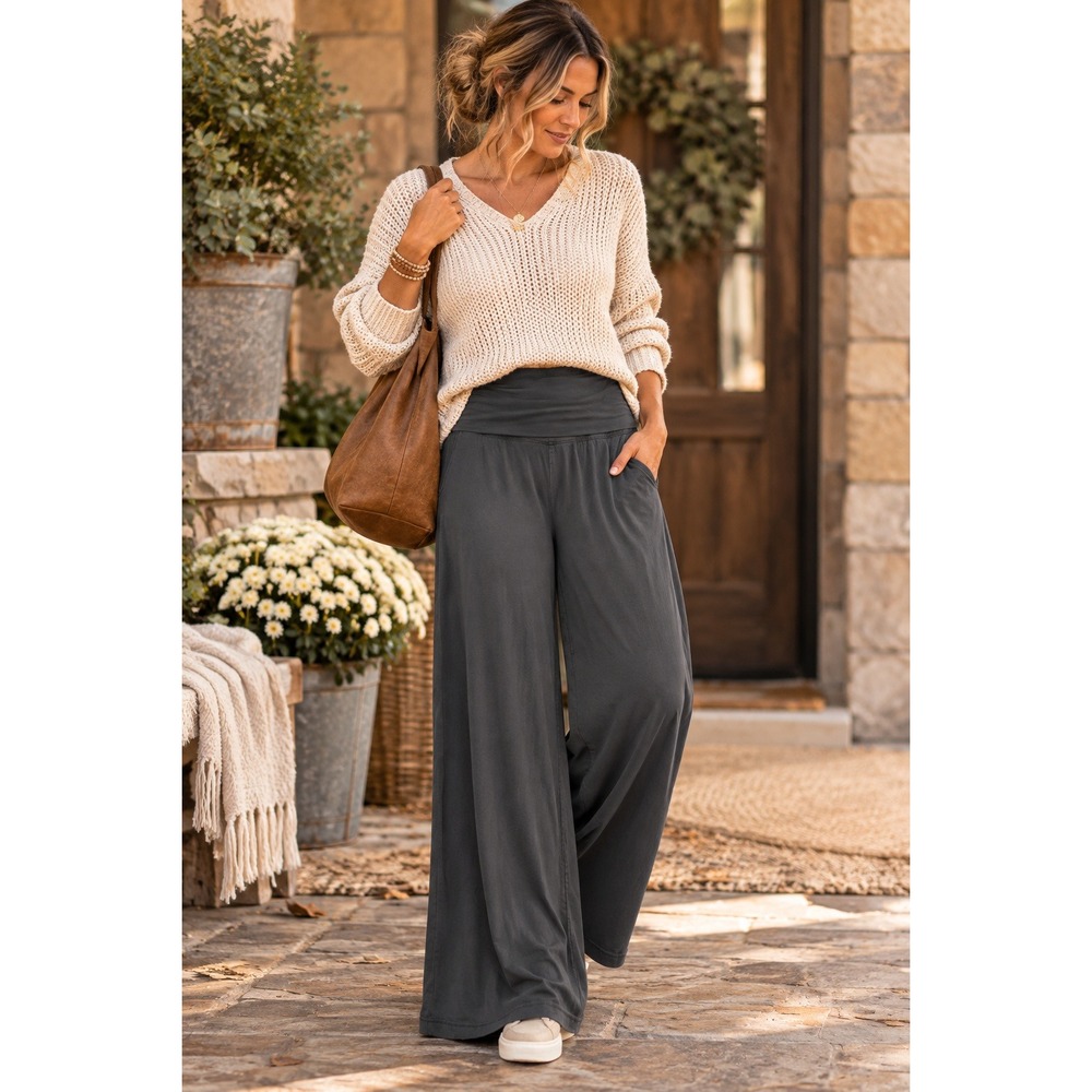 XCVI Wide Leg Pants M Charcoal Gray Foldover Waist Modal Stretch Lagenlook 30x31